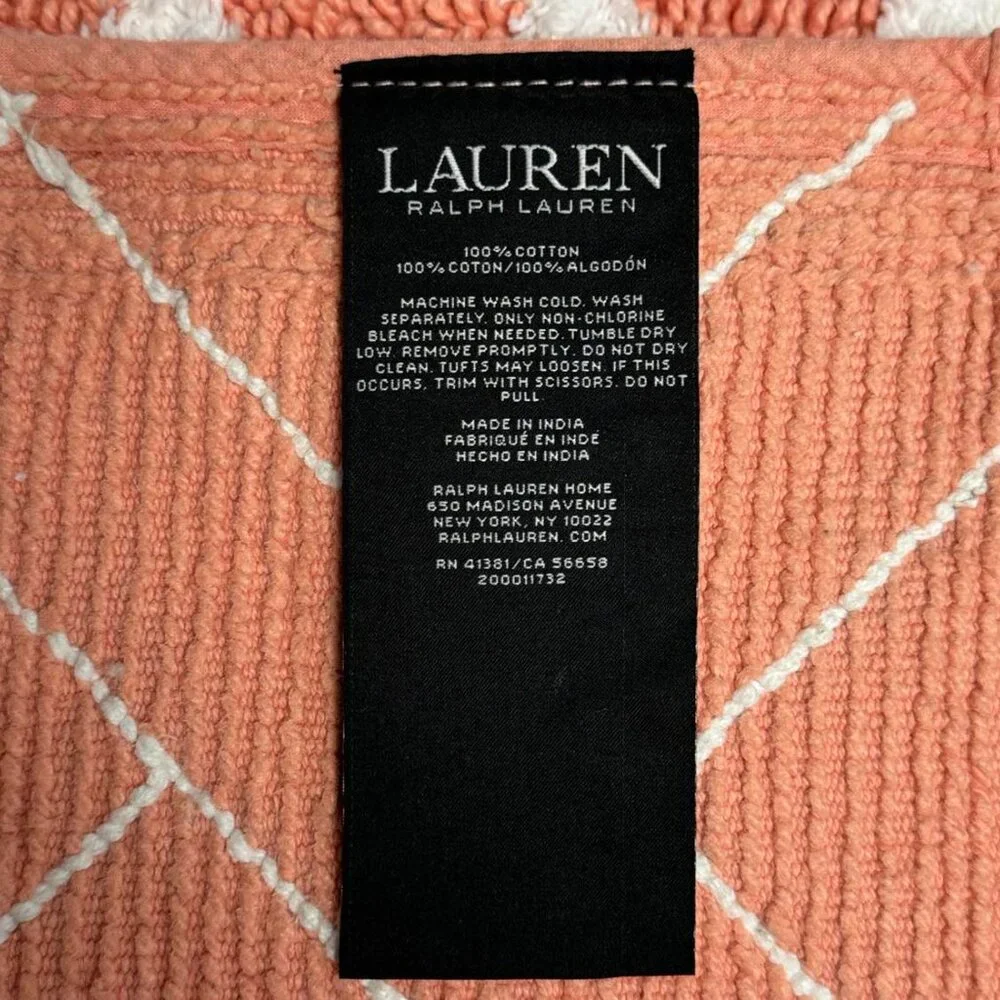 Ralph Lauren 21 x 34 Coral Orange White Bath Mat Rug Geometric Striped Cotton